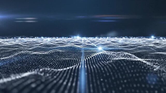 Abstract digital landscape with glowing particles forming waves