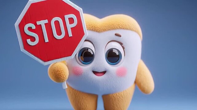 Cartoon Tooth Character Holding Stop Sign.