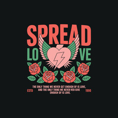 Spread love vintage graphic tee design with heart wings and roses on black background