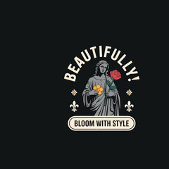 Beautifully bloom with style statue illustration holding flowers and rose for fashion print