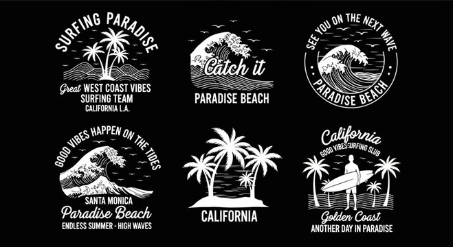 Vintage surfing paradise logos set, beach life designs