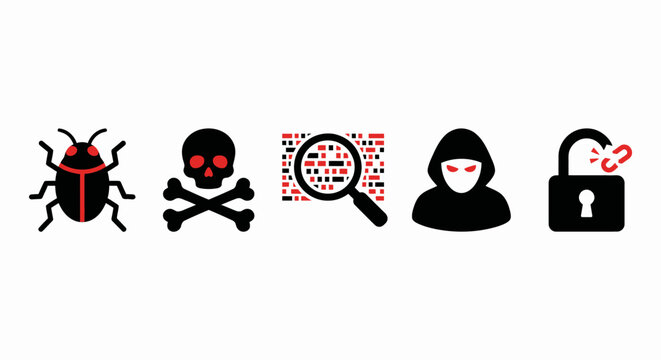 Red and Black Flat Vector Cybersecurity Threat Icon Set