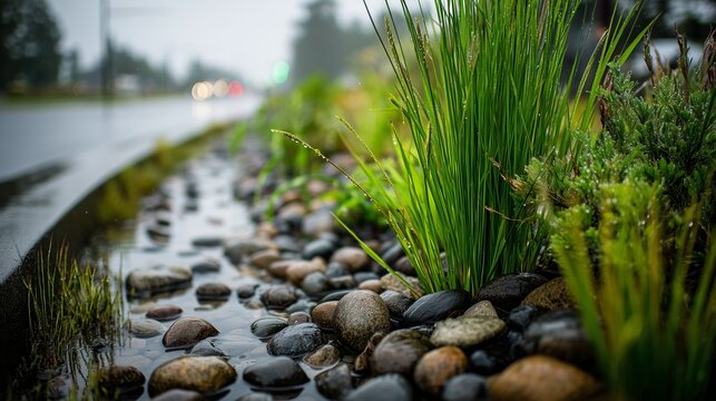 Rain falls on a roadside garden with plants and rocks during a gray day in a town