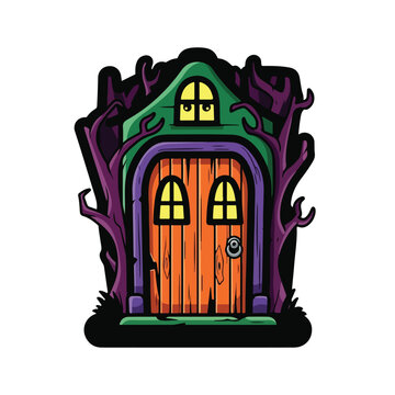 A whimsical cartoon house with a wooden door and tree roots