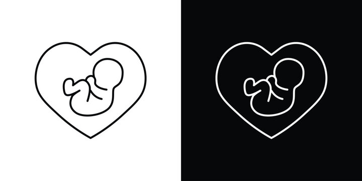 Line art icon of a human fetus in a heart, symbolizing new life, pregnancy, and maternal love. Ideal for prenatal care, reproductive health, and family planning
