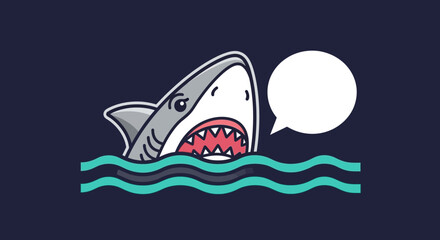 Fototapeta premium cartoon shark in water with speech bubble, ocean waves illustration