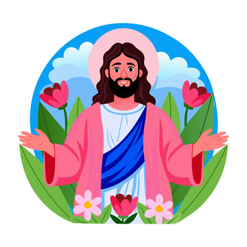 Flat illustration depicting a jesus character