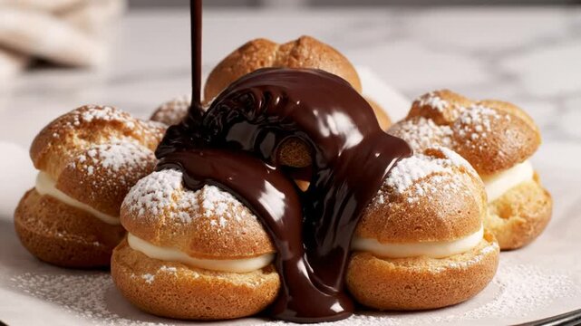 Luxurious Chocolate Sauce Pouring Over Cream Puffs, Delicate Pastry Dessert Garnished with Powdered Sugar