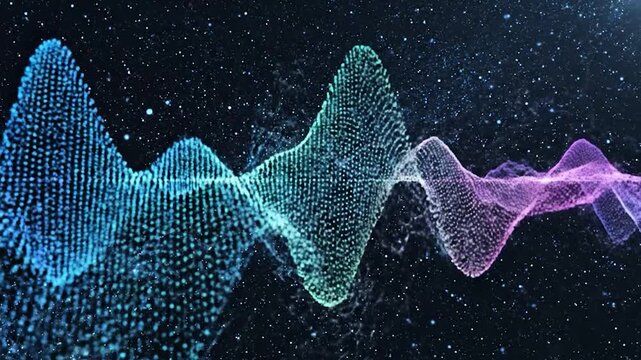 Abstract digital sound waves made of colorful particles vibrate against a dark