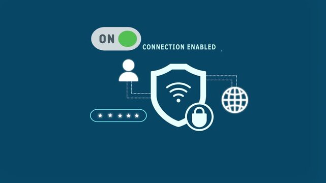  Network connection enabled illustration with green toggle switch and digital security icons.
