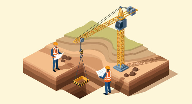 Construction site with crane and workers showing geological layers.