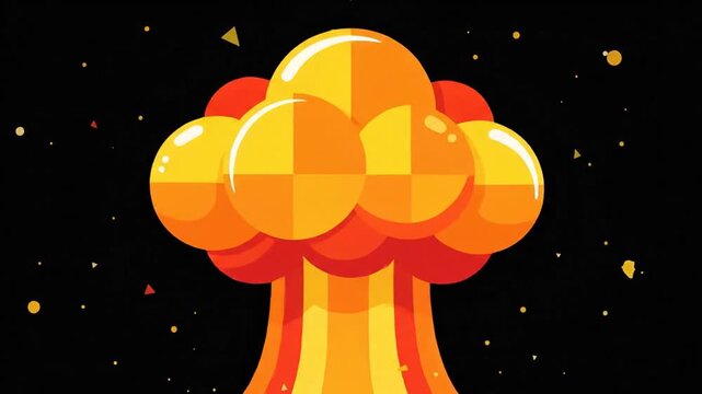 Vibrant Animated Cartoon Explosion with Geometric Shapes on Black Background.