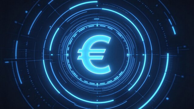 Futuristic digital euro symbol with glowing blue interface,financial technology background for online banking,cryptocurrency and European currency innovation concept