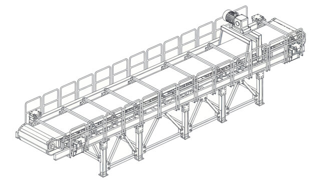 Detailed technical drawing of a long industrial conveyor belt system.