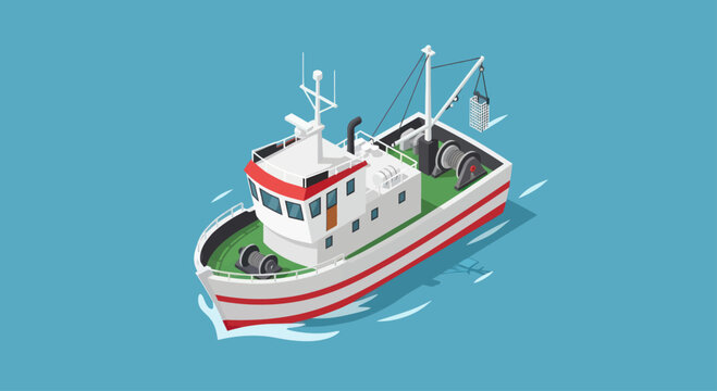 Fishing boat sailing on the sea with waves.