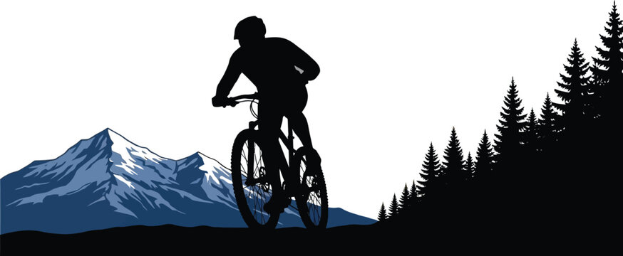 Mountain biker silhouette rides against a white background near tall, snow-capped peaks and evergreen trees.