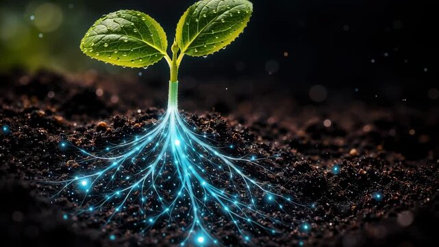 Startup seed technology growth nature plant concept with bright glowing digital root network in soil