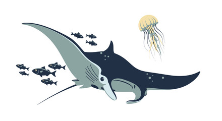 Fototapeta premium Manta ray swimming with fish and jellyfish in the ocean viewed from the side