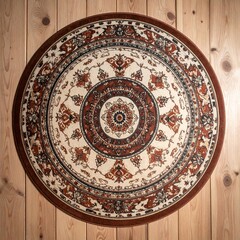 A circular decorative rug on a wooden floor with intricate patterns