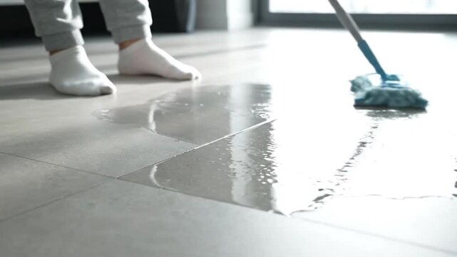 A person mops water on a tiled floor in a bright indoor setting. The camera captures a low-angle close-up of the mop head and the wet surface, with the individual&rsquo;s feet visible in soft-focus in the b