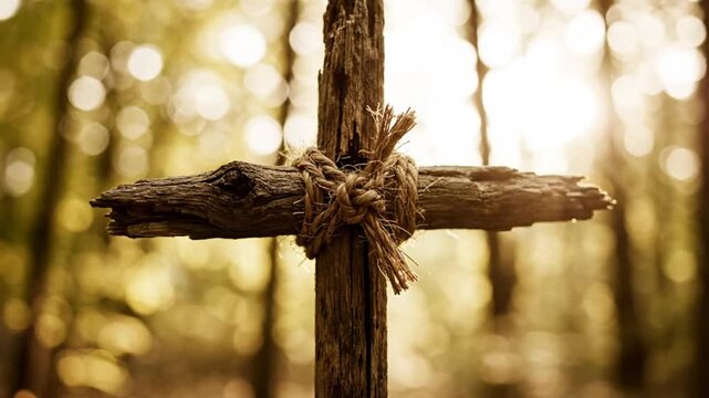 Wooden Cross with Rope Tied in Forest with Bokeh Sunlight Religious Scene in Nature for Christian Faith.