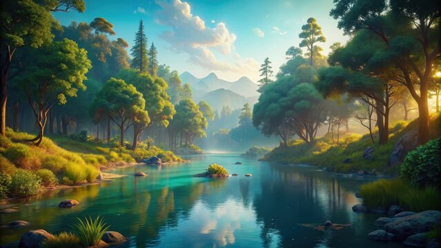 Heres my attempt at creating a creative title and a list of specific keywords for the input concept Tranquil river scene with vibrant nature  Titl