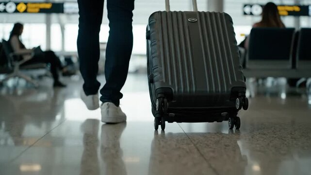 A traveler walks through an airport terminal pulling a hard-shell suitcase.