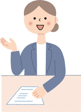 窓口で説明するスーツの女性