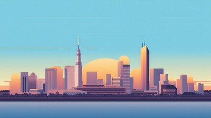 Naklejka premium Vibrant city skyline at sunset with a majestic tower reflecting on tranquil waters