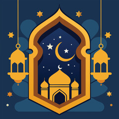 Islamic Night Celebration with Mosque, Moon, and Lanterns