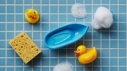 Bath Toys Rubber Duck and Boat Knolling on Blue Tiles
