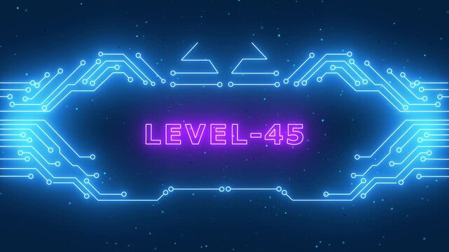Blue Neon Circuit Board Background with Pink Glowing Level 38 Text, Futuristic Digital Cyberpunk Gaming Interface for Esporta and Tech.