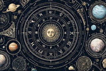 Fototapeta premium Vintage-style celestial illustration featuring zodiac signs around a central sun face, surrounded by planets and cosmic symbols.