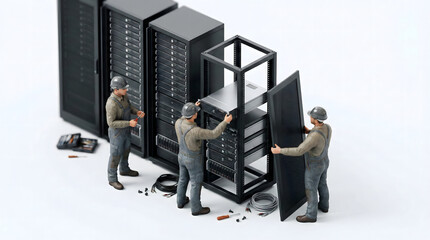 データセンターで新しいサーバーラックを組み立て・設置するエンジニア
