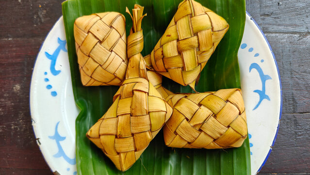 Close-up of Traditional Hand-Woven Ketupat Rice Cake Casings Made from Young Coconut Leaves