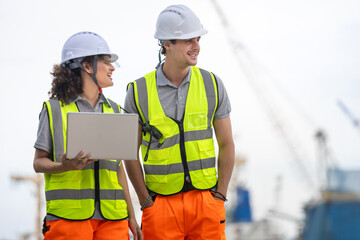 Engineers team in safety vests collaborating on a technical project inspection with heavy cranes in the background, Technical team in hardhats managing site operations using digital devices at port