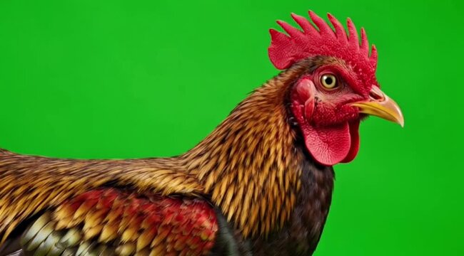 Close-up portrait of a majestic rooster with a vibrant red comb and wattles, showcasing its richly textured feathers against a solid green screen, highlighting domestic fowl beauty