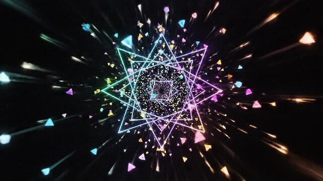 Vibrant glowing triangles burst outwards creating an abstract geometric