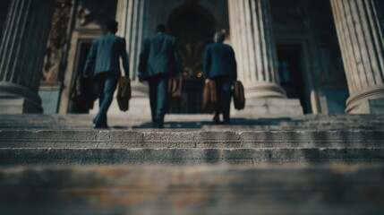 Obraz premium Three business professionals walk up steps toward a large, classical building with tall columns, carrying briefcases in a formal, urban setting.