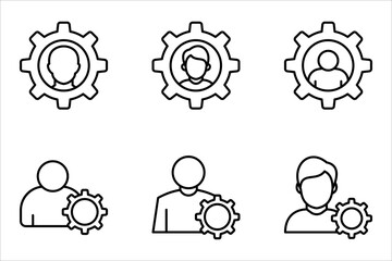 Set of account gear icons, vector symbols representing support staff roles, technical expertise, or user account settings. Illustrations on a white background.