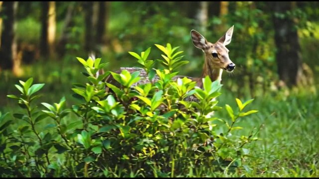 A spotted fawn leaping through a verdant forest with trees and various green plants in the background