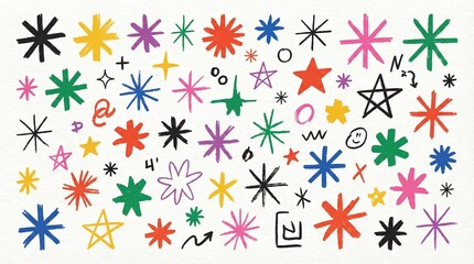 Whimsical Burst of Cosmic Delight: A vibrant collection of hand-drawn stars, each a unique expression of cosmic energy and artistic flair, a playful dance of shapes and colors.