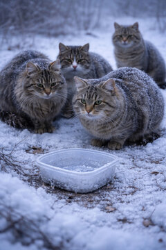 Four tabby cats sit in the snow on a cold winter day next to a plastic bowl of water.  