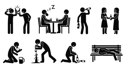 Obraz premium Collection of stick figure icons illustrating various stages of alcohol consumption and intoxication behaviors