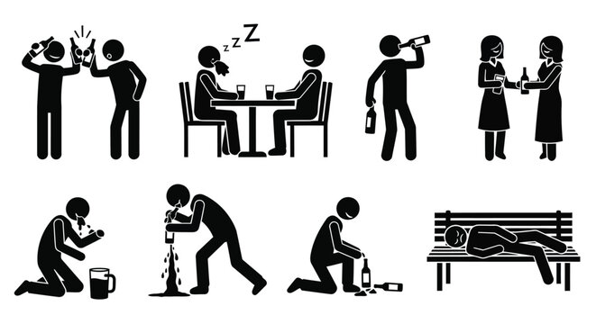 Collection of stick figure icons illustrating various stages of alcohol consumption and intoxication behaviors