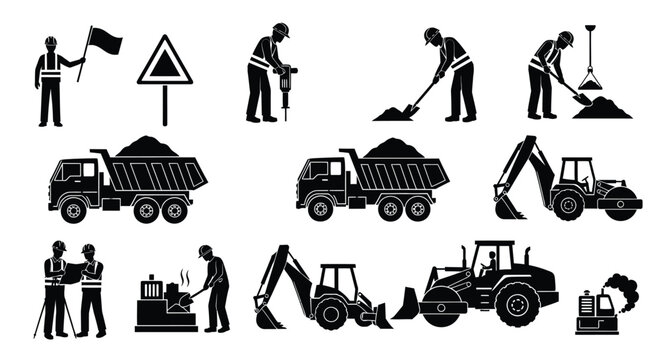 Construction worker icons showing heavy machinery operation and site management tasks