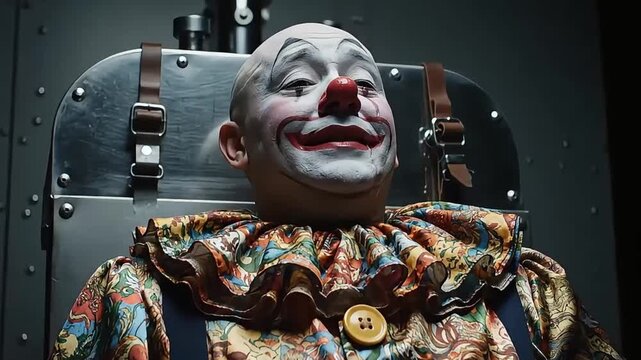 Creepy Clown in Electric Chair Ready for Shock Therapy.