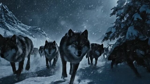 Majestic Wolf Pack Running Through Snowy Winter Landscape with Lightning Storm