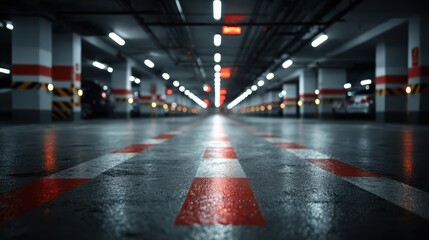 A dimly lit underground parking garage with concrete pillars and red directional arrows on the wet floor.