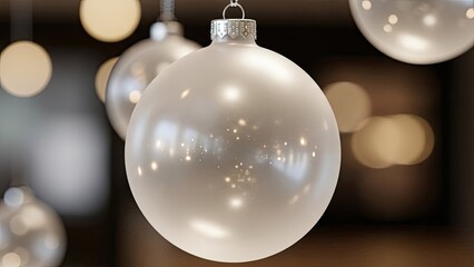 Elegant silver Christmas baubles hang, glistening in soft, diffused light, creating a serene, festive ambience for the holiday season decoration.